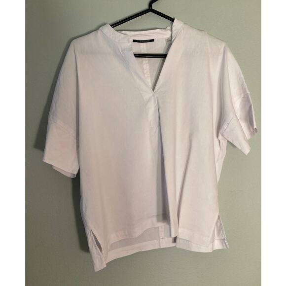 T Tahari Linen Blend White Popover Blouse Short Sleeve ~ Sz Small / Petite - Picture 1 of 6